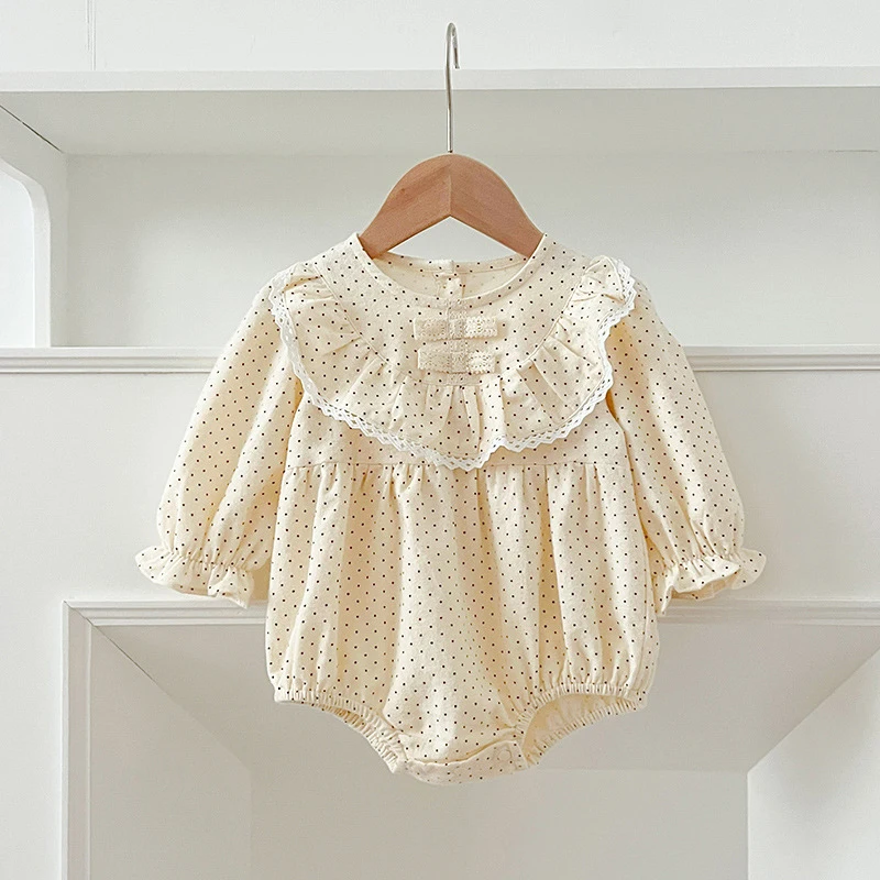 جديد ربيع 2026 ملابس داخلية للفتيات حديثي الولادة بأكمام طويلة من القطن للأطفال الرضع بدلة بنقاط صغيرة 0-24 متر ملابس أطفال حلوة