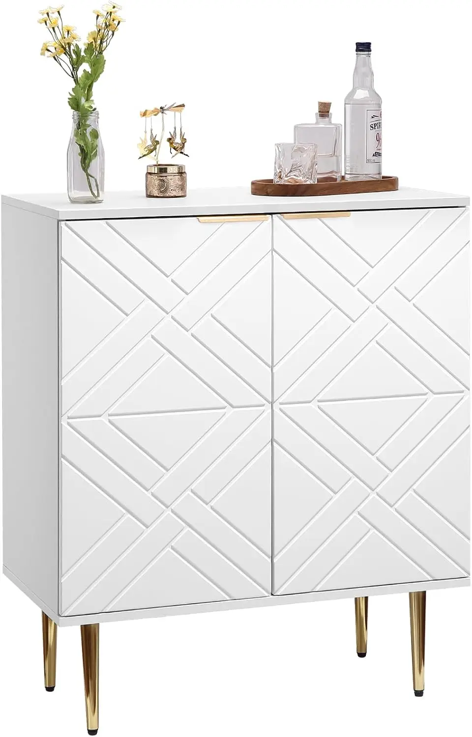 Mobile contenitore moderno con decorazioni in rilievo 3D, ideale per l’ingresso o come credenza – mobile buffet stretto con due ante e ripiani, maniglie e gambe in metallo dorato, perfetto per il