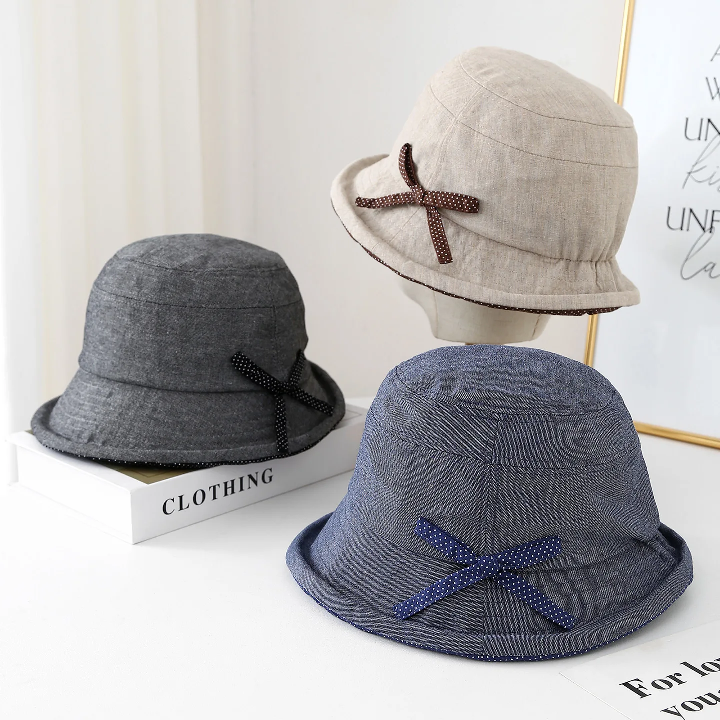 

Women's Cotton Bucket Hat Japanese Style Elegant Bow Detail & Uv Protection (beige/black)sun Hat With Curled Brim Foldable