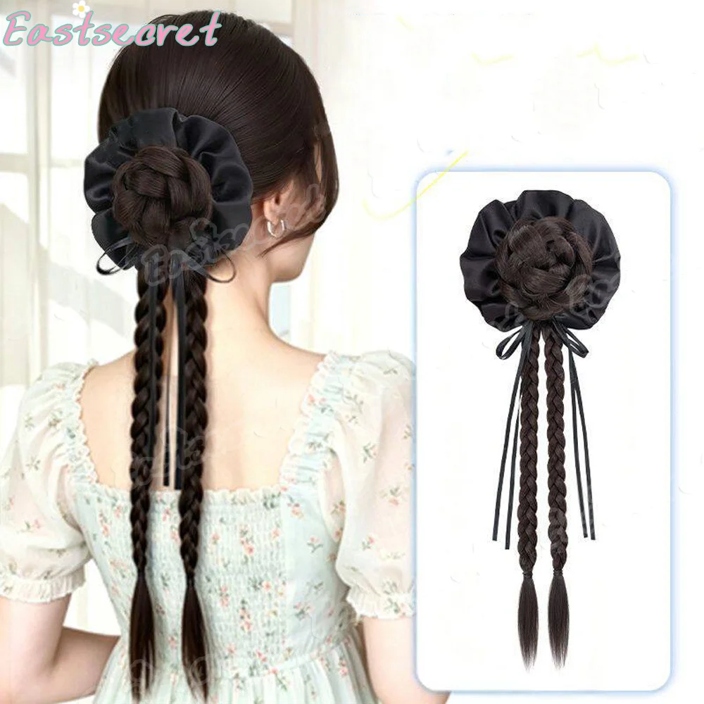 synthetic Wig braid grip ribbon bud head Fried Dough Twists braid ponytail false hair dish hair with long braid hair accessories