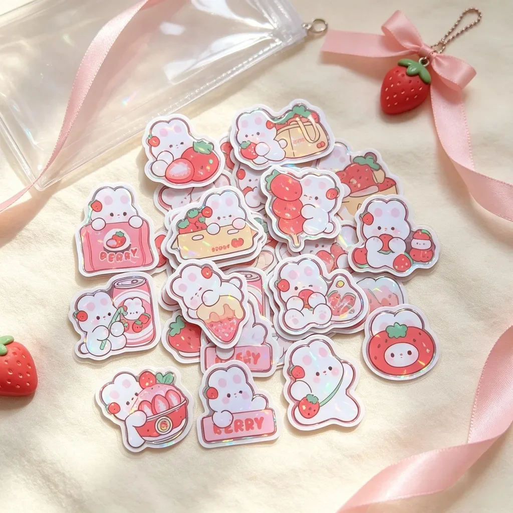 15pcs Holographic Strawberry Bunny Epoxy Stickers, Cute Berry Rabbit Decals for Resin Craft, Scrapbook & Water Bottle DIY Decor