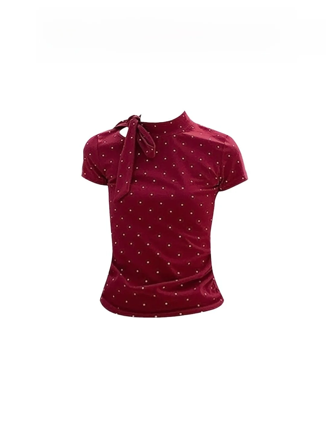 

Retro Polka Dot Knot Short Sleeve Women's Versatile Stand Collar Slim Fit Summer T-Shirt Hong Kong Style New Top