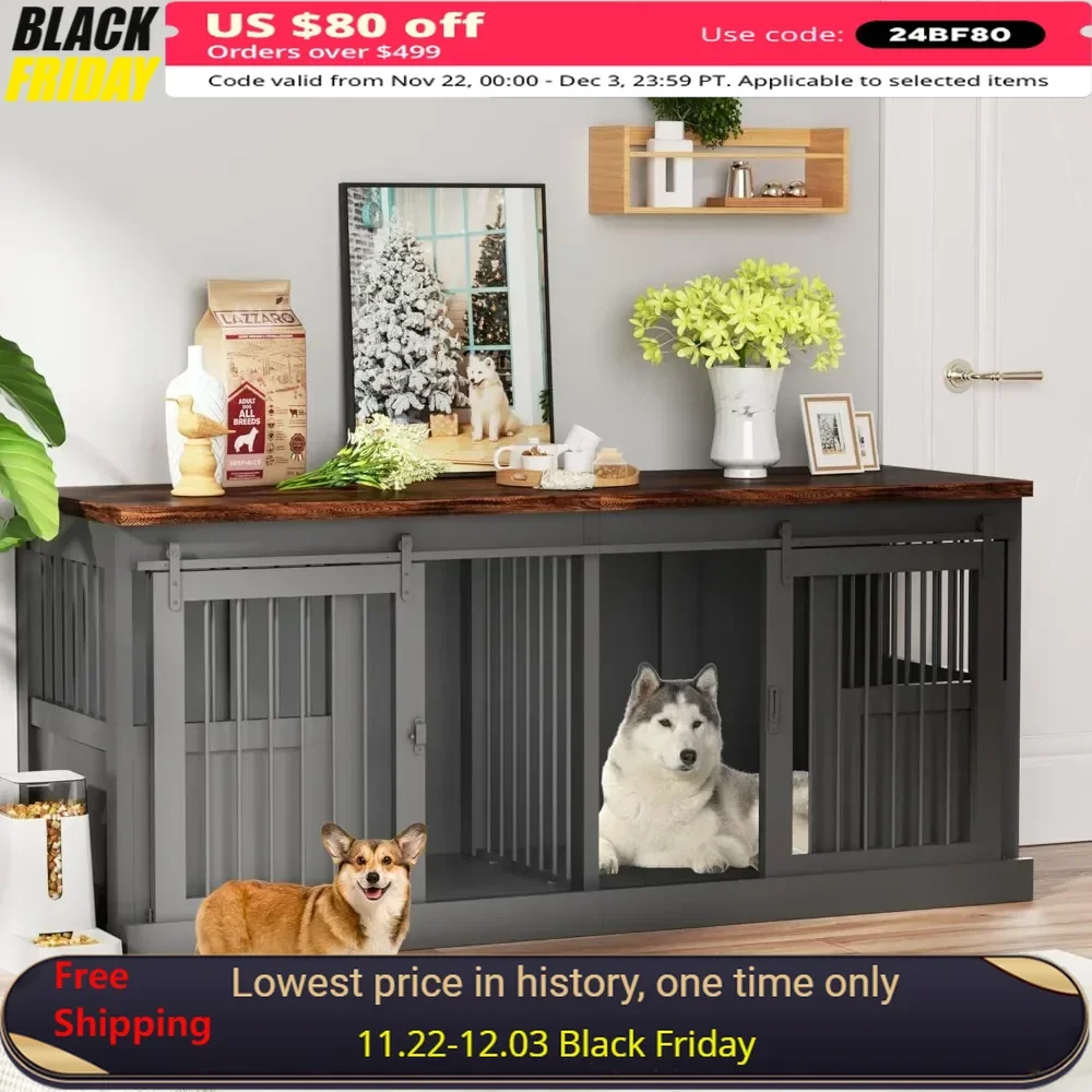 

Dog Crate, Double Dogs Kennel Furniture 71 Inch Heavy Duty Dogs Kennel Wooden Dog Cage