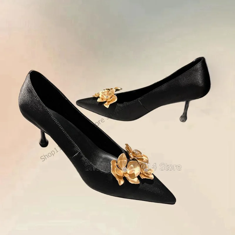 Gold Appliques Decor Black Pointed Toe Pumps Slip On Women Shoes Thin High Heels Novel Fashion Banquet 2024 Zapatos Para Mujere