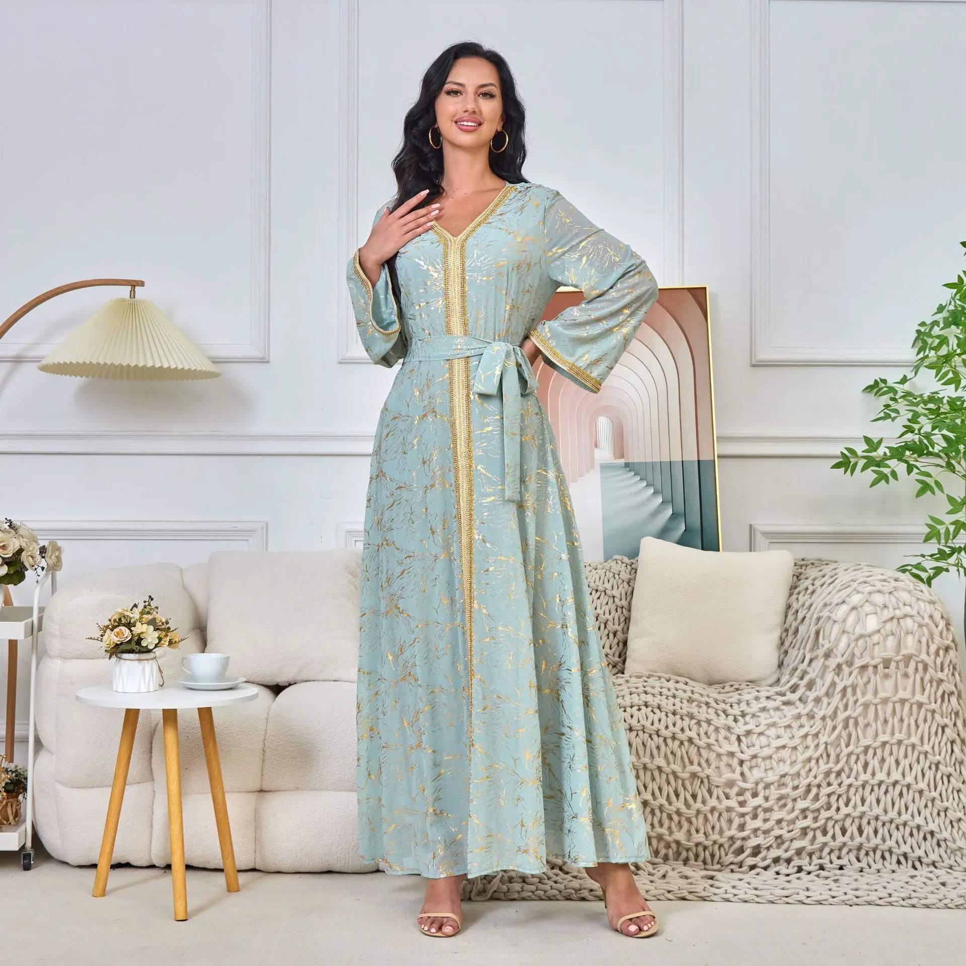 MT170 Dubai Muslim New Instagram Style Hot Stamped Robe Fashion V-neck Large hem Dress for Women