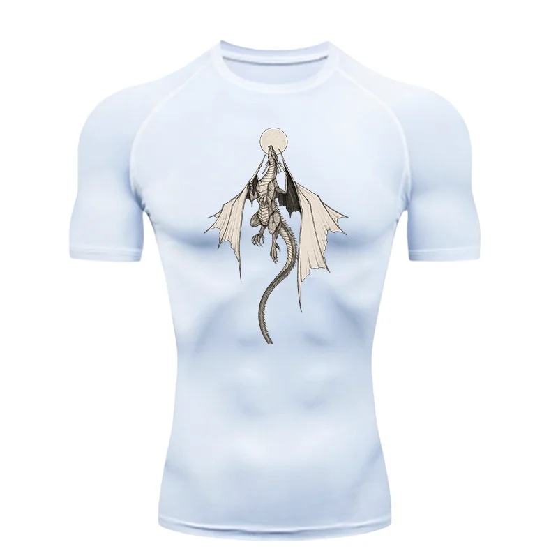 Flying Dragon and The Moon Design Men Sports T-shirt Training Fitness Compression Rashgard Tops Quick Dry Short Sleeve T-Shirt
