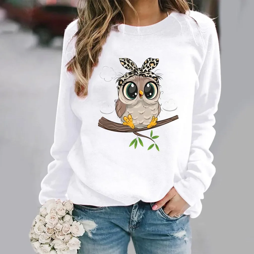 Women\'s Slim-fit Hoodie Fashion Owl Print White Long-sleeved Base Shirt for Women Streetwear Women Clothes Sweatshirt