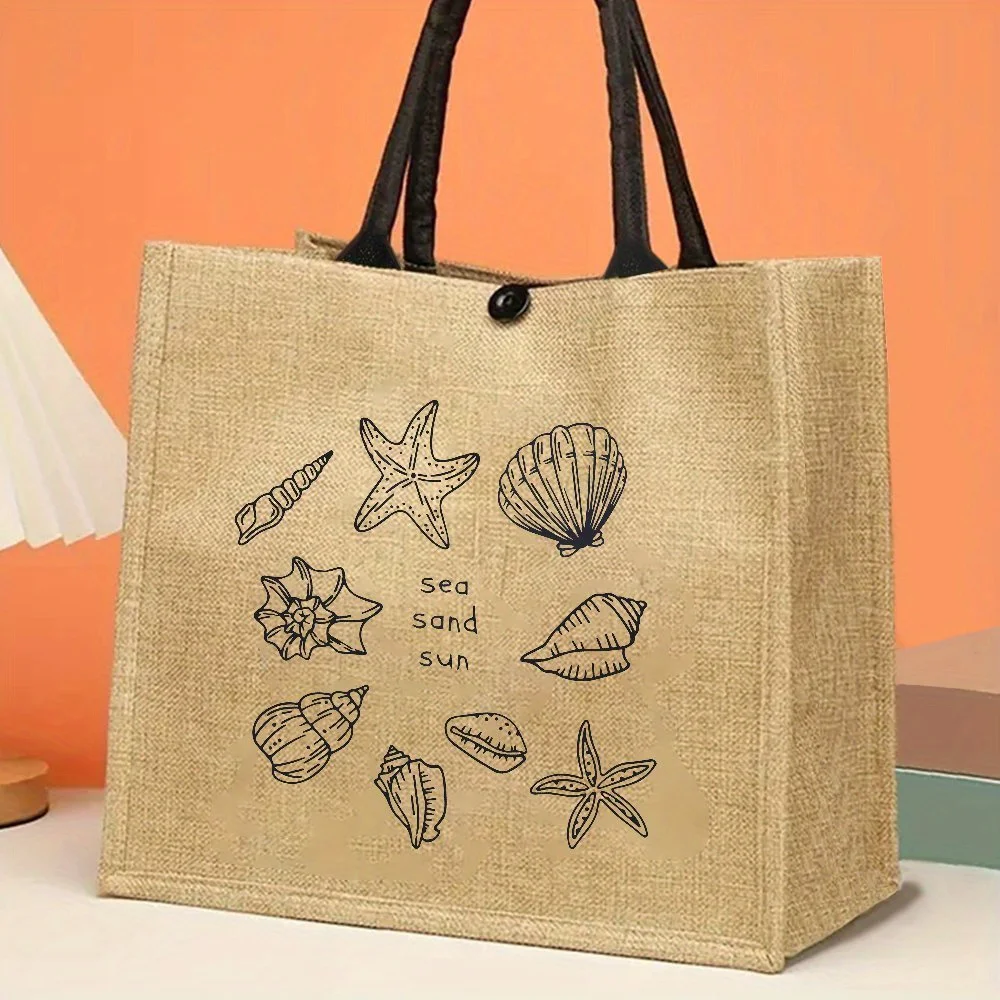 

Ocean Life Jute Tote Bag Large Capacity Handbag with Starfish Seashell Print Ideal for Beach Travel Shopping Beach Tote