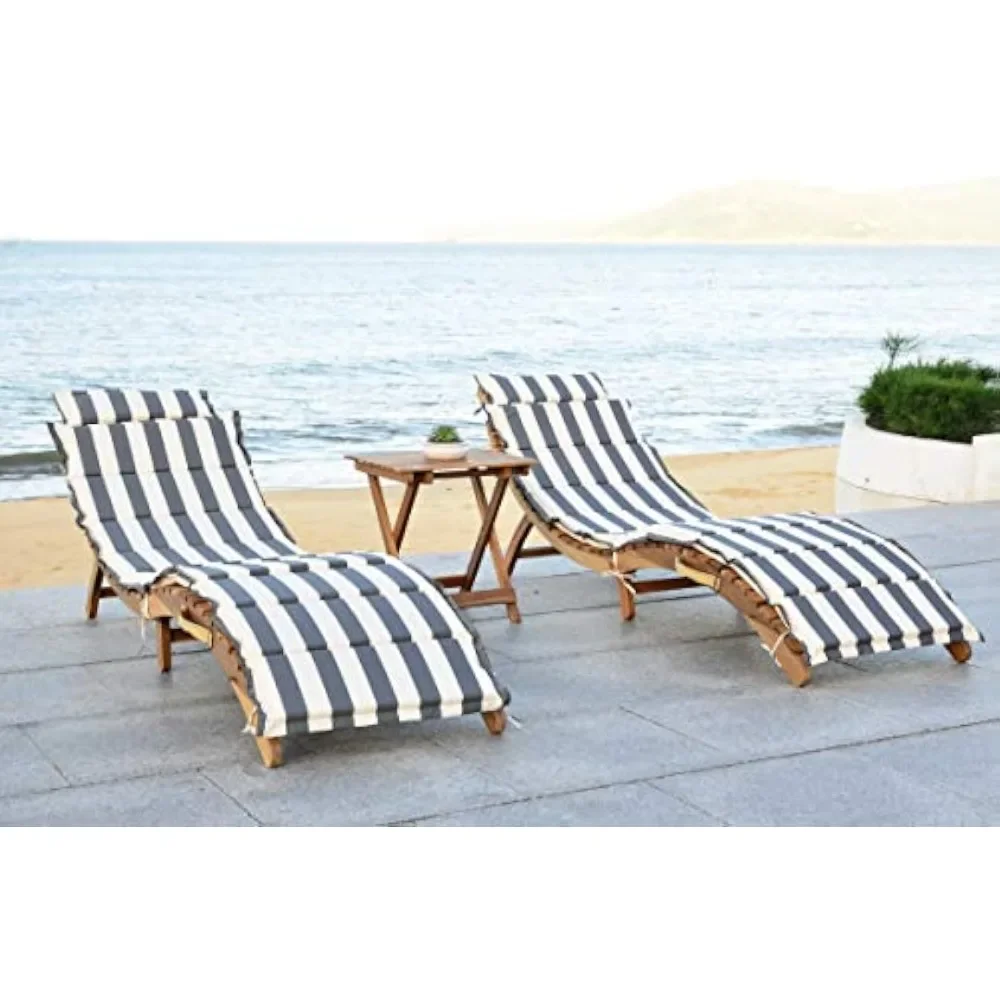 SAFAVIEH Outdoor Collection Pacifica Natural Brown Solid Wood/Grey & White Stripe Cushion 3-Piece Chaise Lounge Set