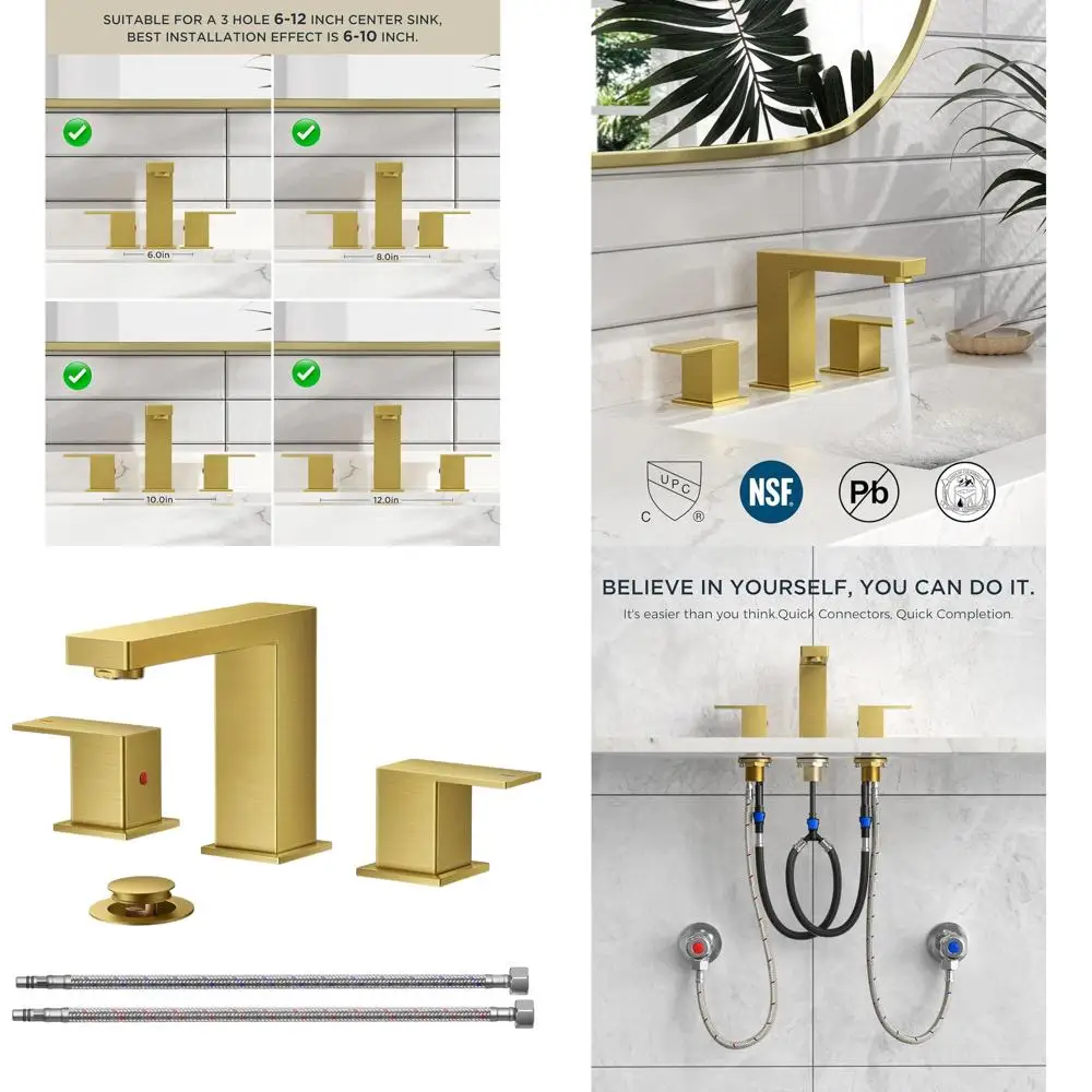 

8 Widespread Square Waterfall Bathroom Sink Faucet with 3 Holes, Metal Pop-up Drain, and Cupc Hose for Vanity and Lavatory Sinks