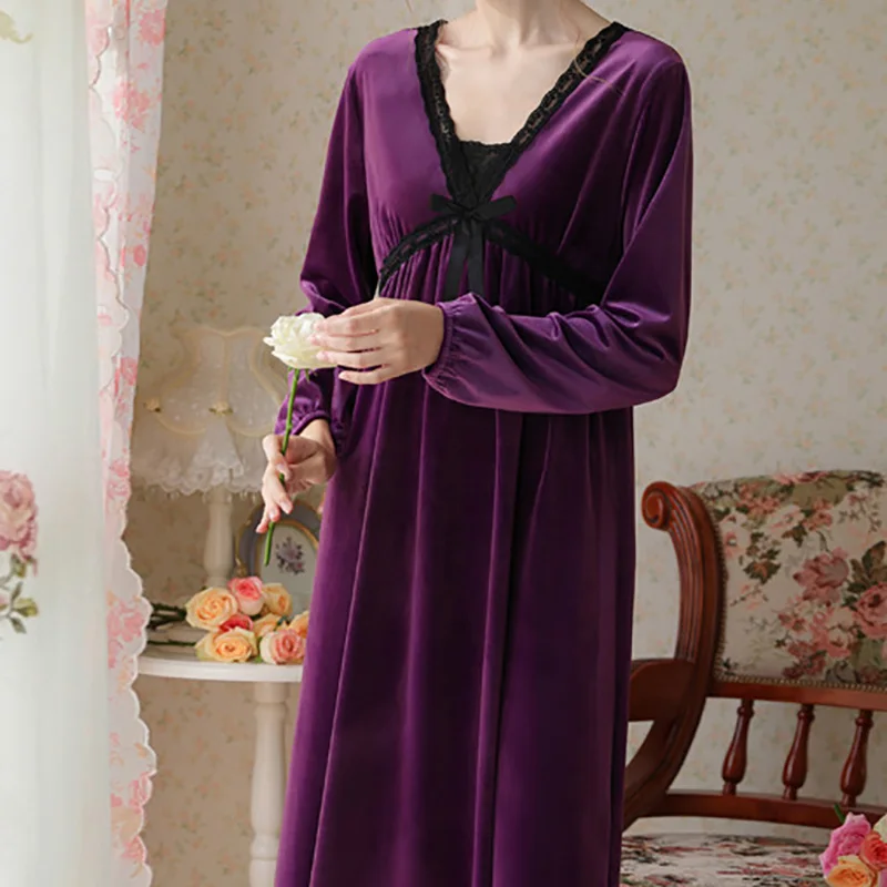 Women Spring Victorian Velour Robe V-Neck Backless Pajama Night Dress Velvet Sleepwear Princess Nightwear Vintage Nightgowns