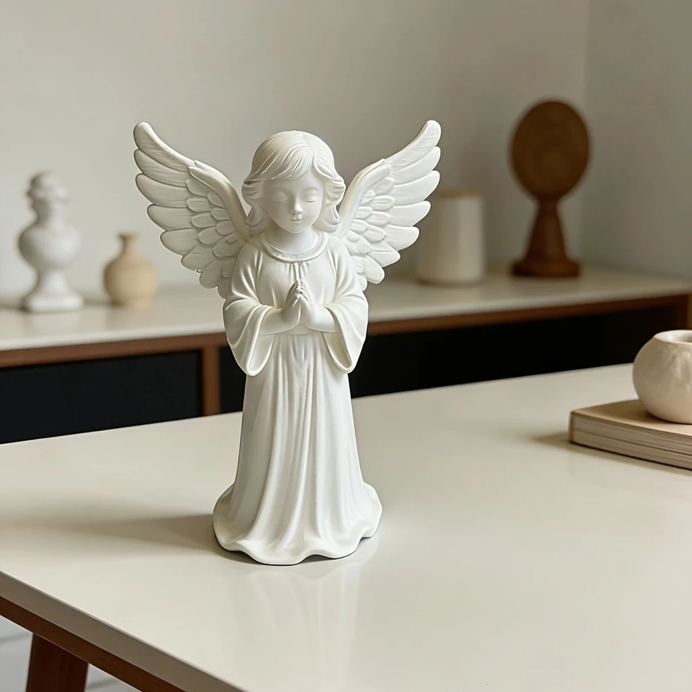 1 Piece of White Winged Angel Statue for Entryway, Bedroom, Living Room, Study, Office Desktop Decoration, Prayer Posture, Guardian Healing Style