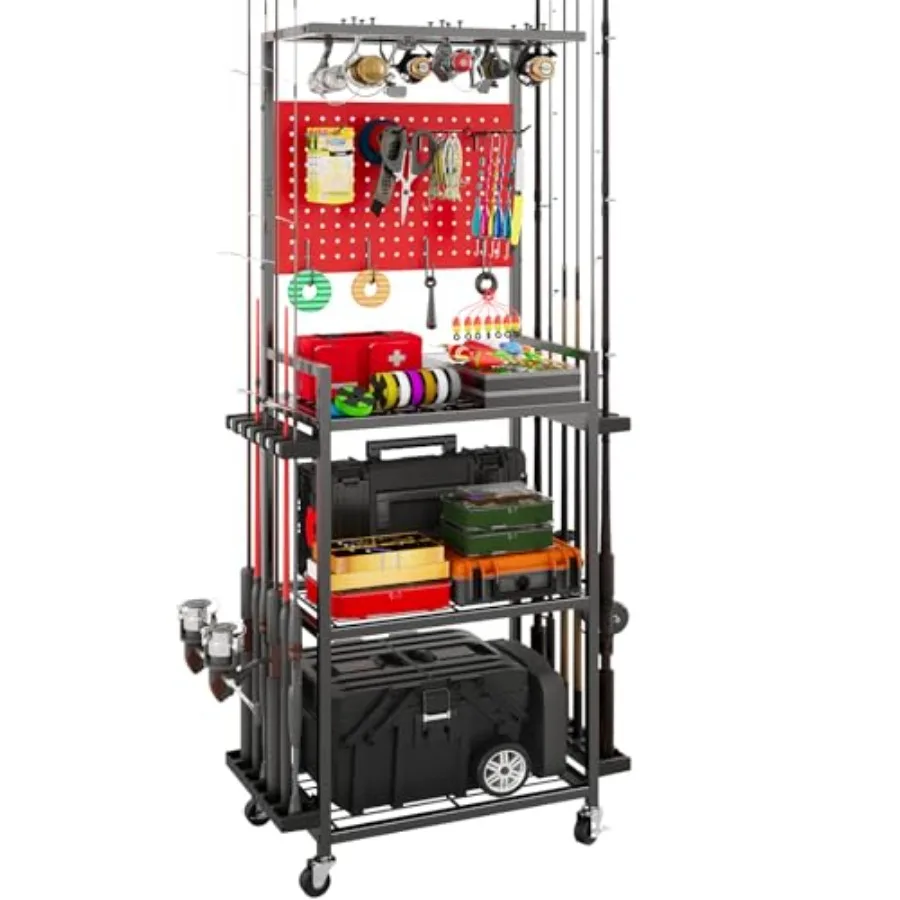 

Держатели для удочек для гаража, стойка для хранения удочек с крючками и колесами, органайзер для удочек, ящик для снастей, хранение катушек