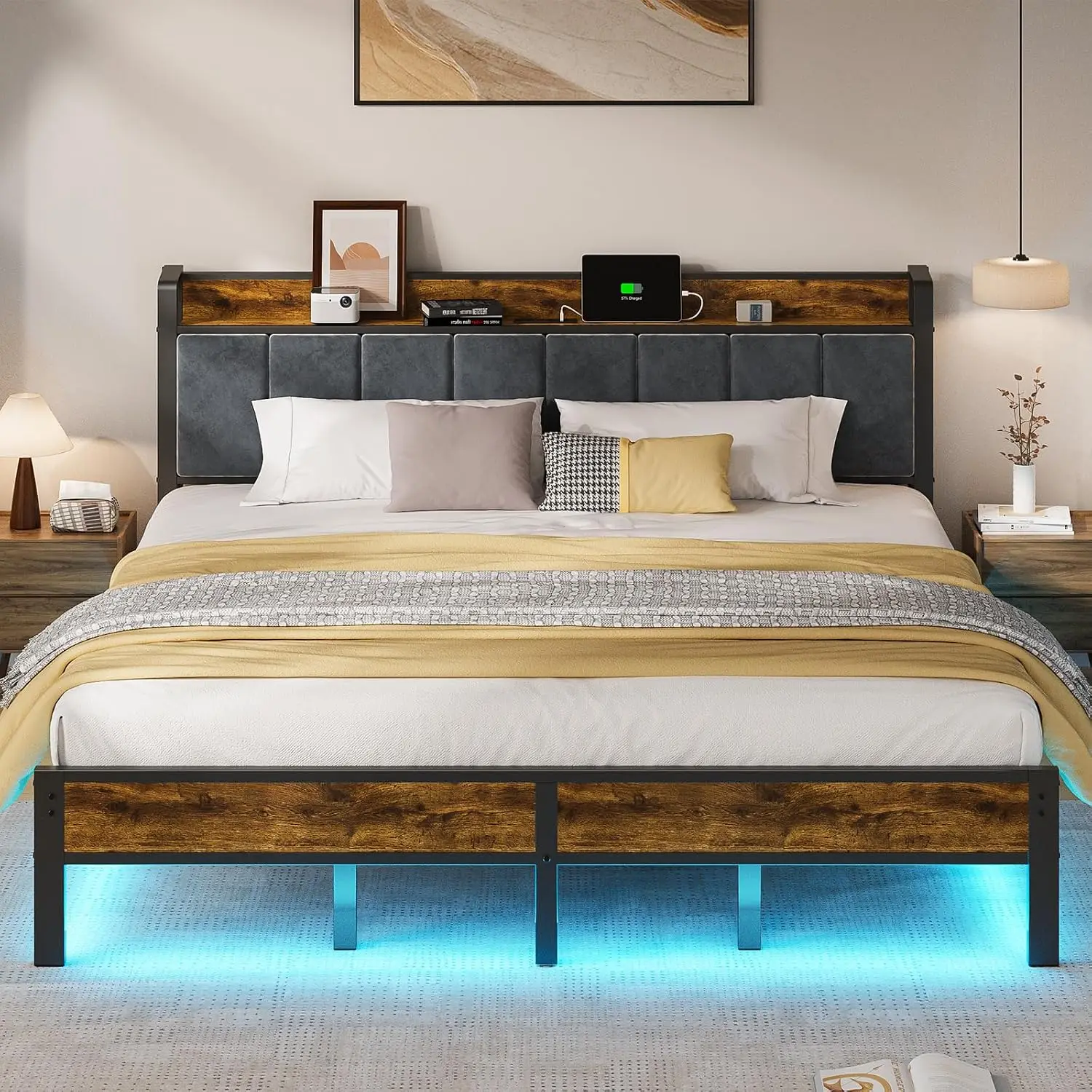 King Bed Frame LED Upholstered Headboard Storage Charging Station Metal Platform Slats No Box Spring Easy Assembly, Customized