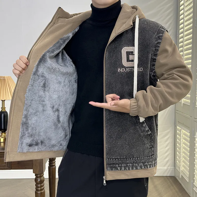 

Winter Thickened Fleece Lined Hooded Denim Jacket Men's Casual High Quality Outerwear Fashionable Youth Active Style Zipper C...