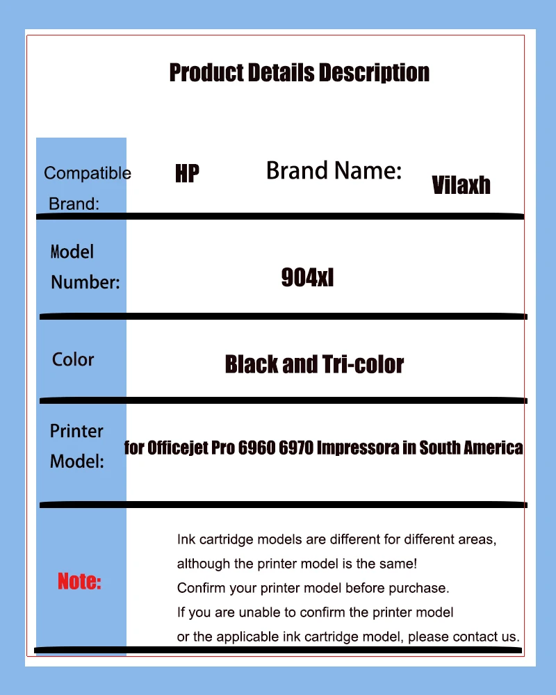 Vilaxh For HP 904XL Compatible Ink Cartridge For HP 904XL hp904 hp908 for Officejet Pro 6960 6970 Impressora in South America