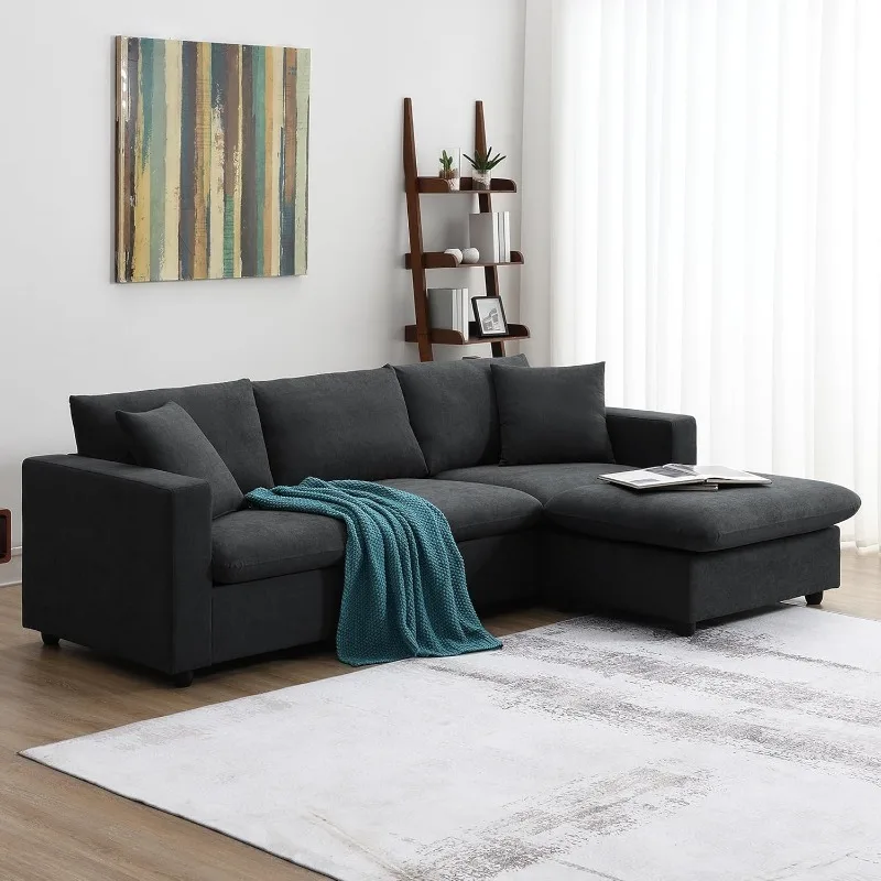 Modern Sectional Sofa with Convertible Ottoman, 4-seat L-Shaped Couch Set with 2 Free Pillows for Living Room, Apartment, Office