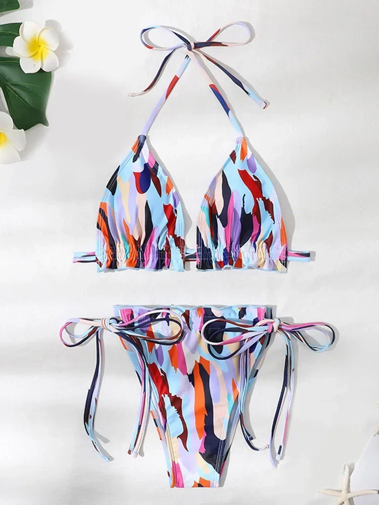 Sexy Print Lace Up Bikini 2-delige set Vrouwen Split Badpak Hoge Taille Strand Driehoek Bikini 2025 Nieuwe Zomer Badmode Bikini Set