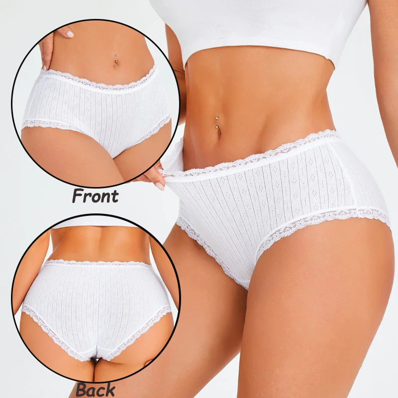 2Pcs/Set Cotton Ribbed Patchwork Lace Panties For Women Seamless Solid Color Autumn Winter High Waist Underwear Female Lingerie