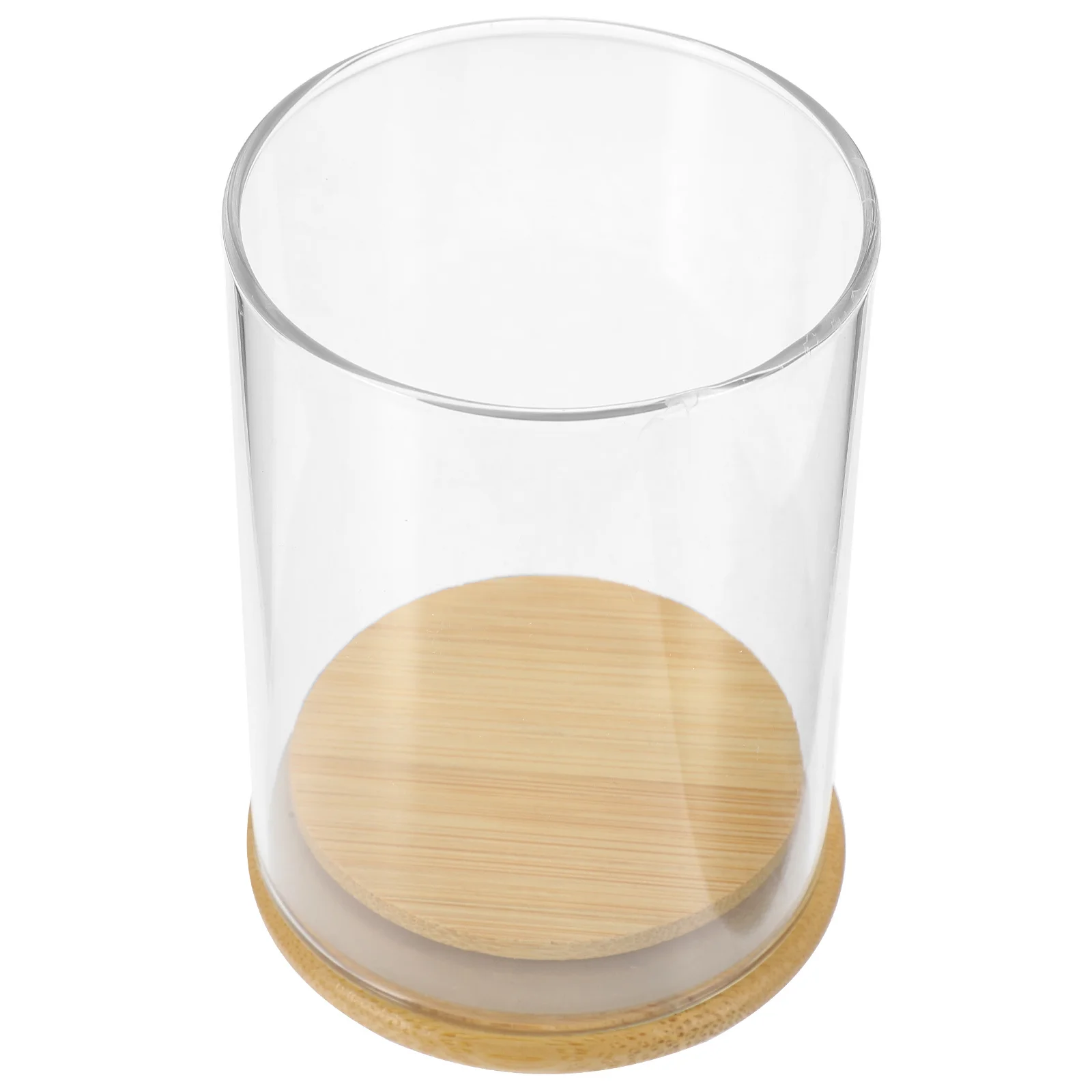 1 zestaw Wiatroodporny Stojak Szklany Klosz Otwarty z Bambusową Podstawą do Dekoracji Domu na Biurko Przezroczysta Osłona