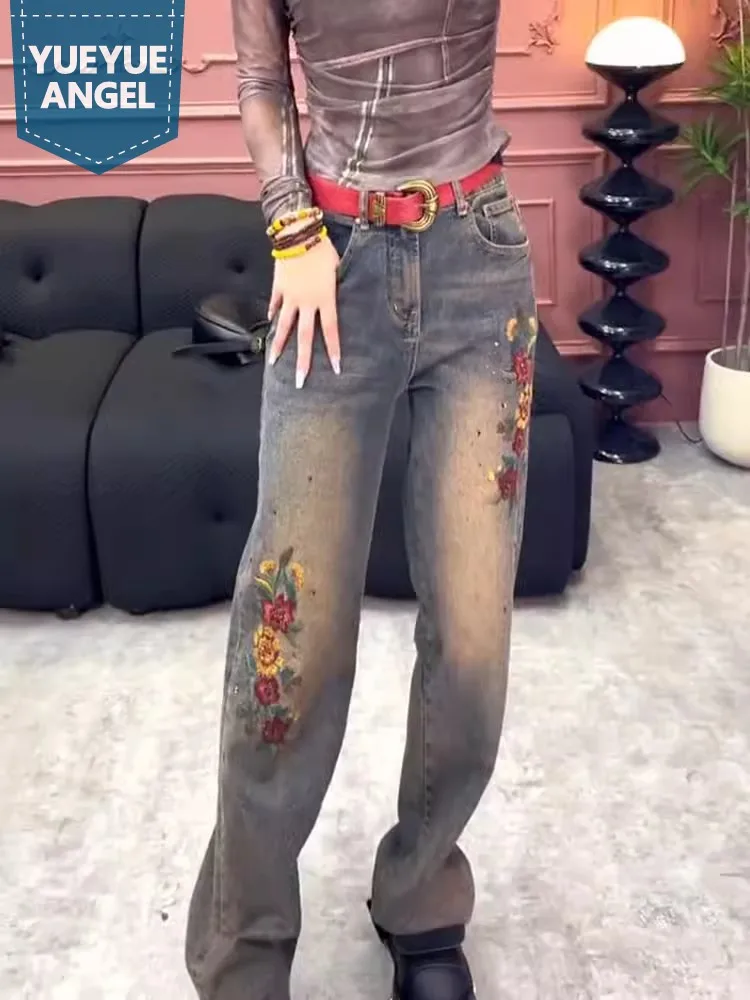 Women Vintage Design Denim Pants Fashion Personality Streetwear Straight Leg Trousers High Waist Casual Female Wide Leg Jeans