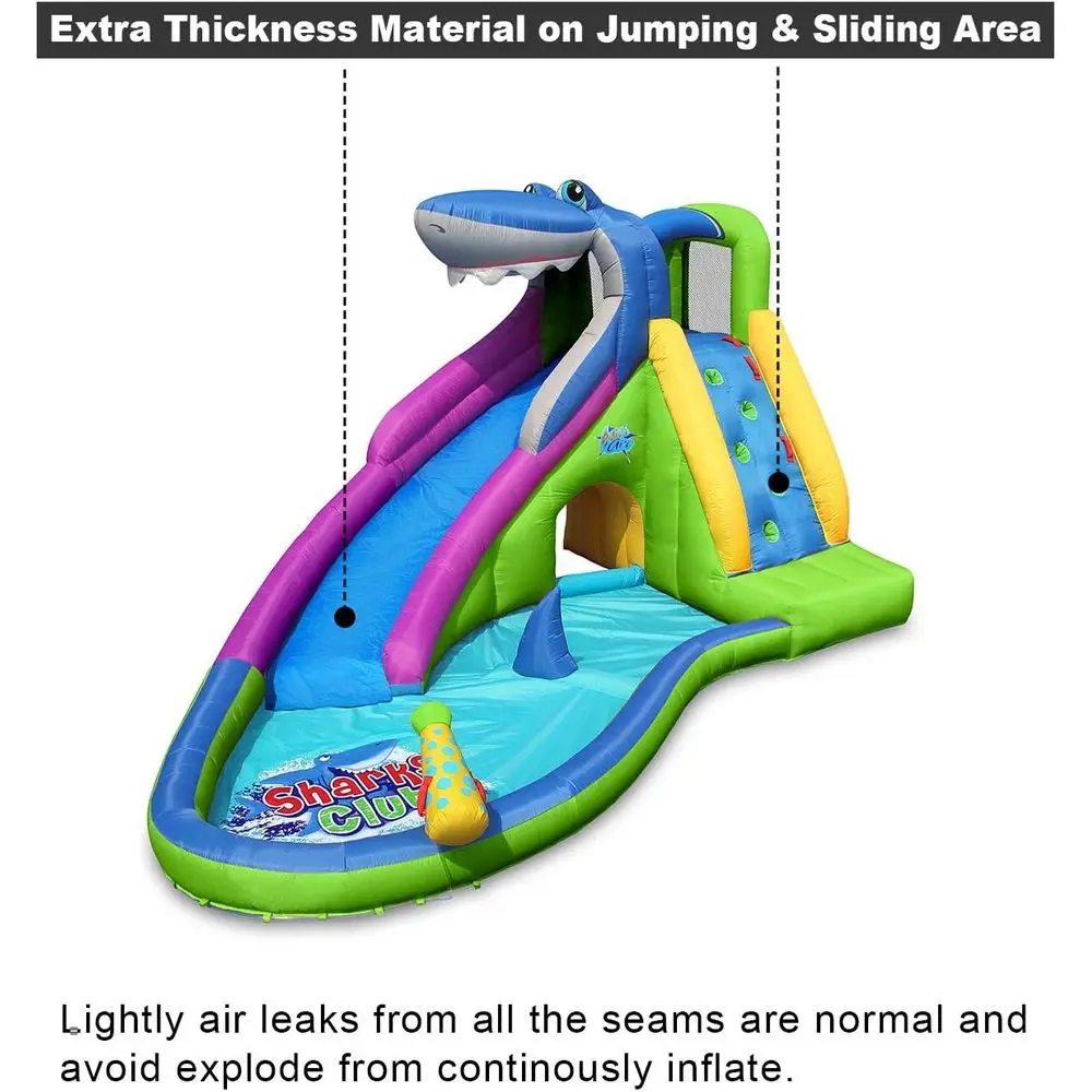 Nadmuchiwany zamek dmuchany w kształcie rekina z zjeżdżalnią, plac zabaw na sucho i na mokro, wytrzymały materiał, rozpylacz wody i basen dla dzieci