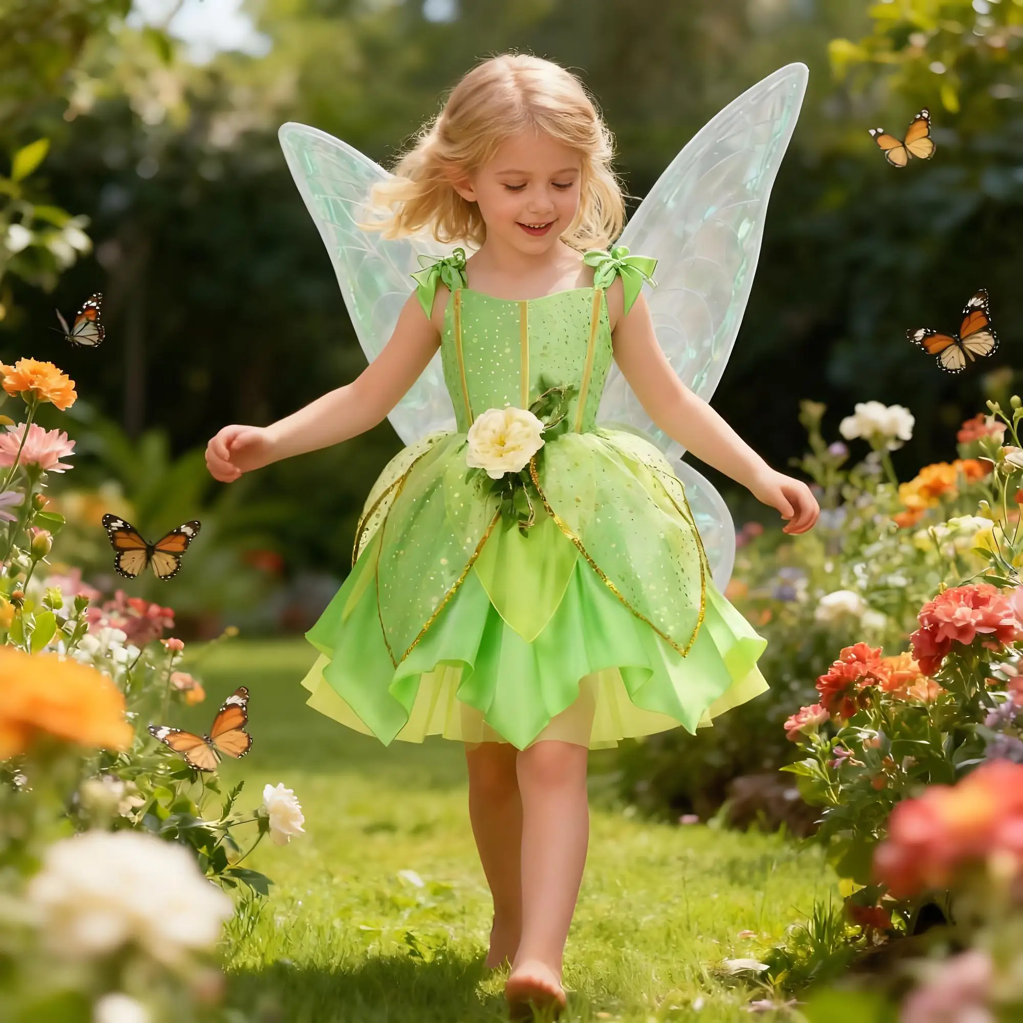 

Girls Fairy Tinker Bell Dress Green Flower Decoration Luxury Dress 2025 New Temperament Elegant Princess Tulle Frock 2-10T