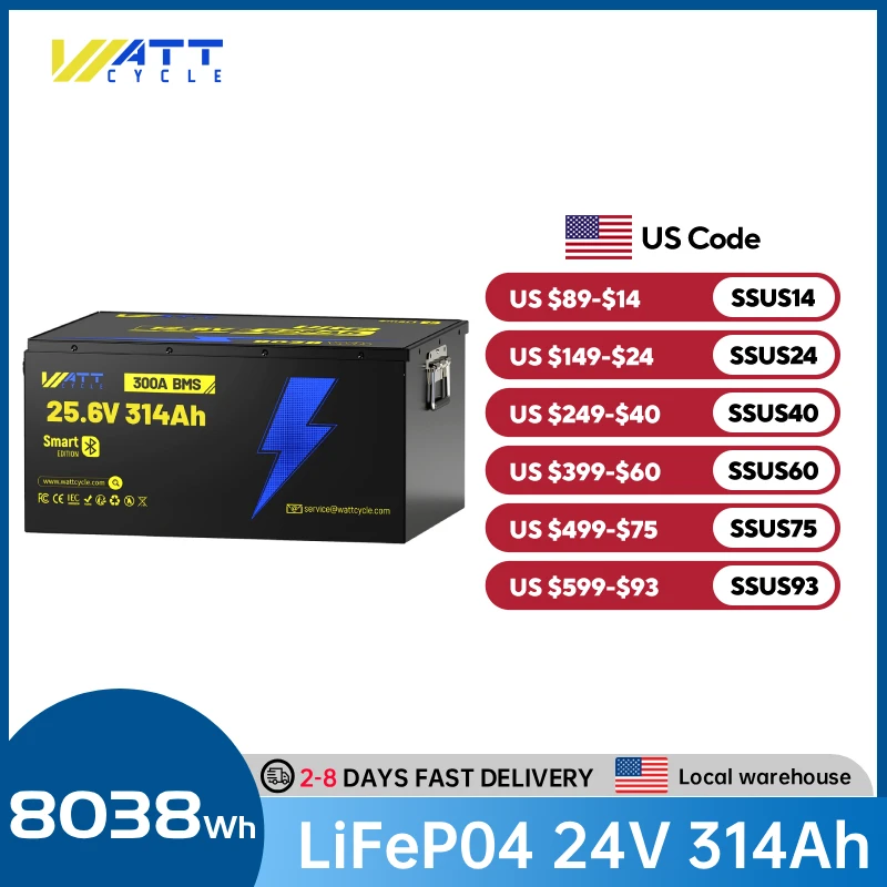 Wattcycle 24V 314Ah LiFePO4 Lithium Battery 300A BMS with Bluetooth 8038Wh Energy, Perfect for Home Energy, RV, Marine, Solar