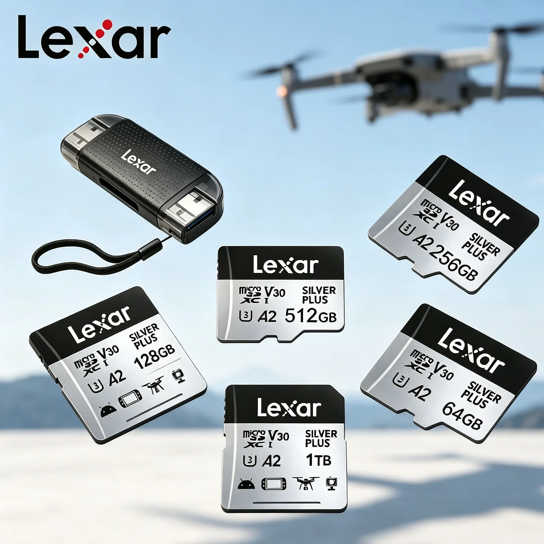 Lexar 205MB/s Micro SD Card V30 A2 U3 4K Video Recording TF Card for DJI Drone Camera 64‑1TB USB3.2 Dual Reader Available