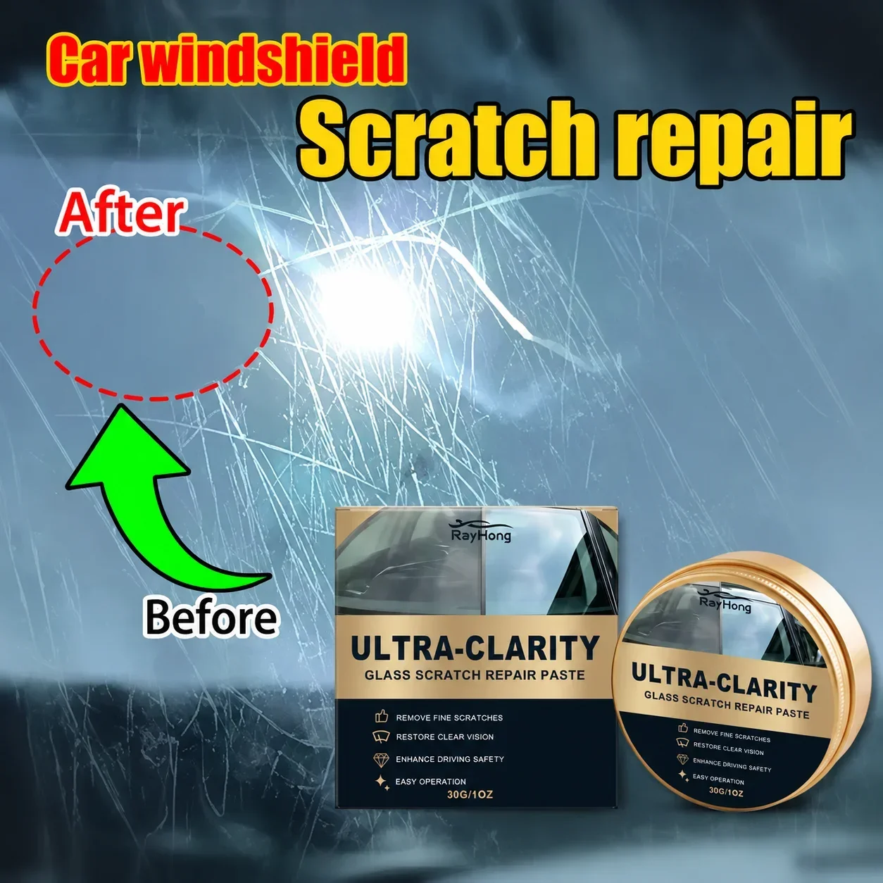 Car Glass Scratch Remover Cream, Windshield Polish & Cleaning Compound, Restores Clarity, No Residue, Multi-Use