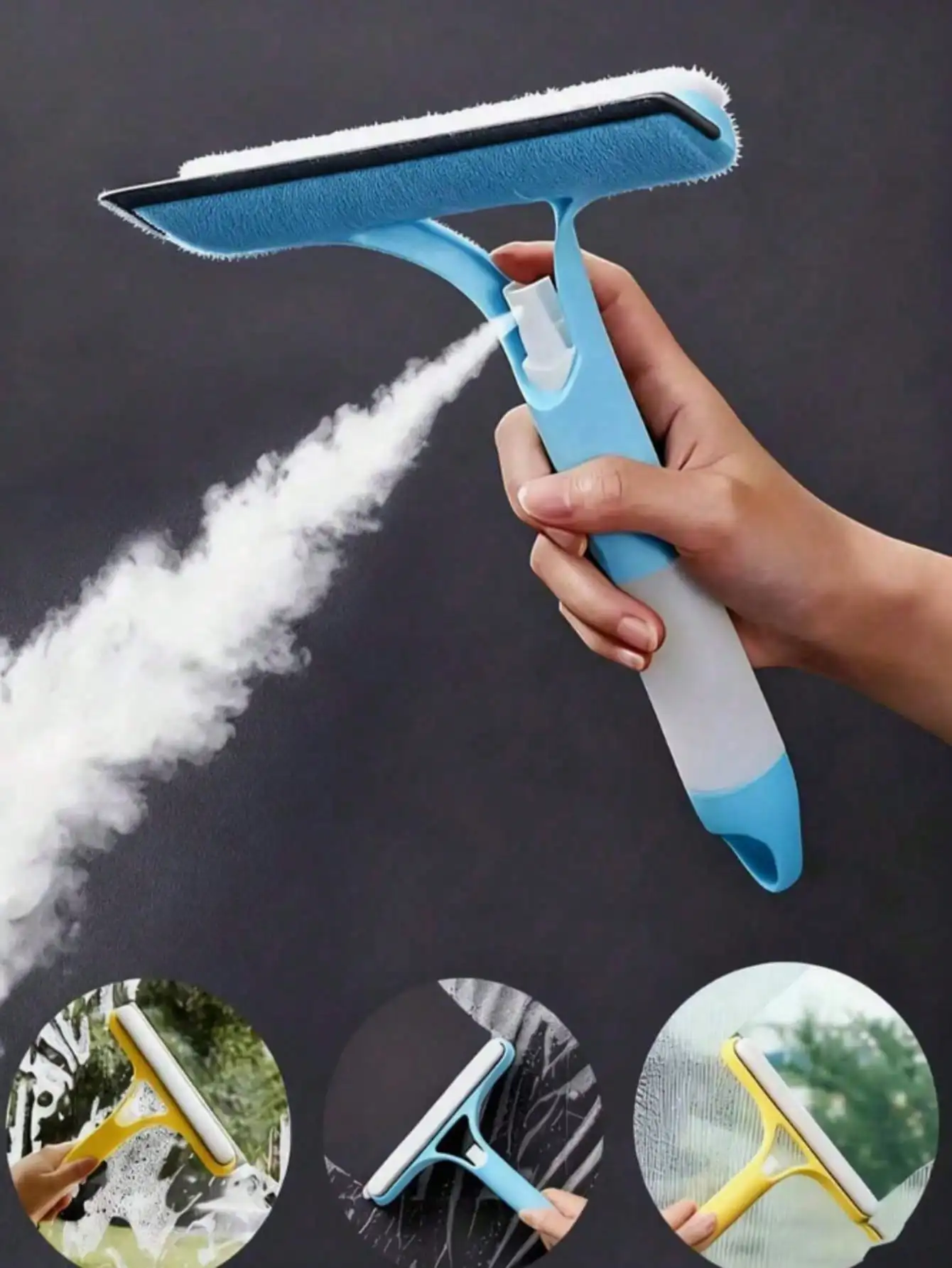 3 in 1 Glass Squeegee with Spray Bottle, Multifunctional Window Squeegee Cleaner Tool, Streak-Free Glass Scraper for Windows Car Windshields Mirrors Bathroom, 1 Piece
