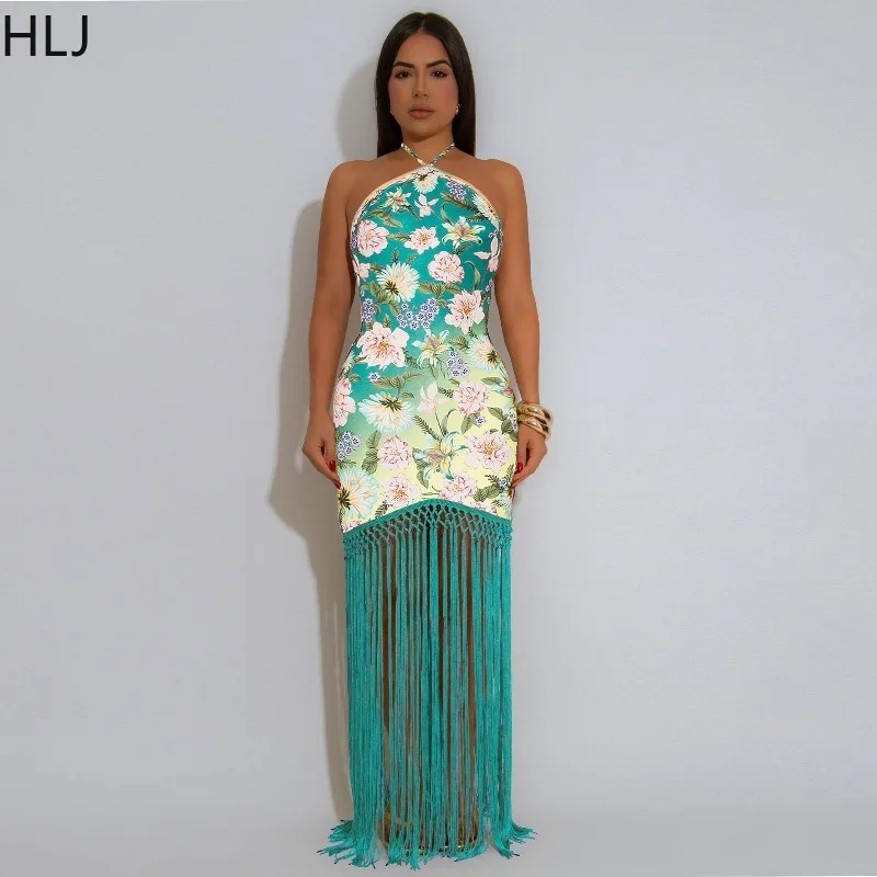 HLJ Elegant Flower Print Tassels Patchwork Long Dress Women Halter Sleeveless Backless Maxi Dresss Female Streetwear Vestidos