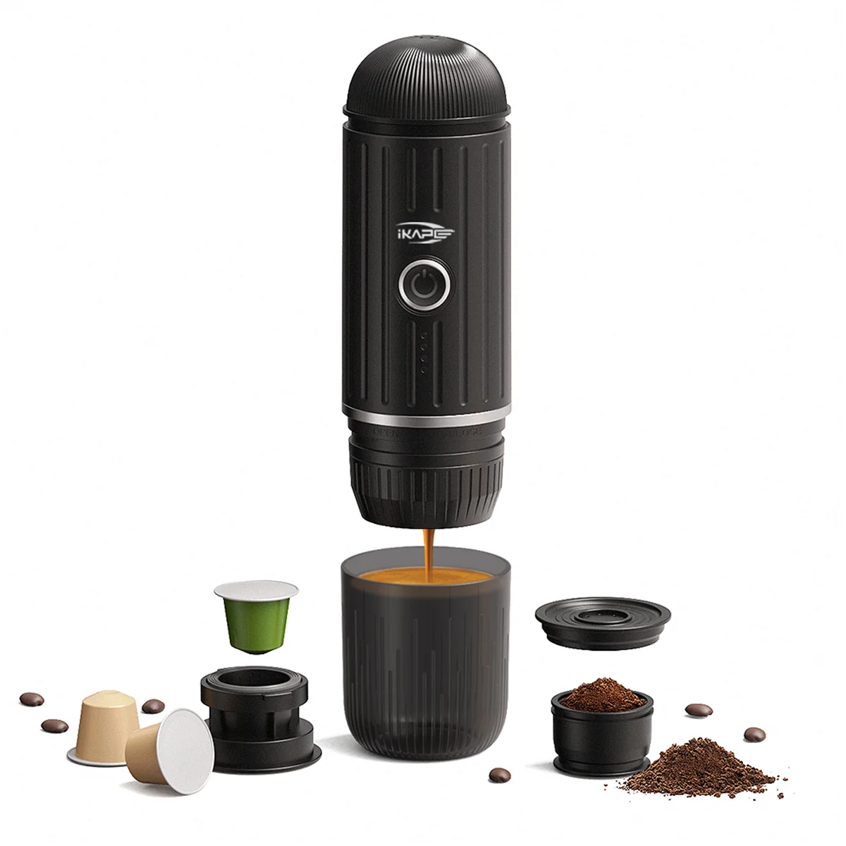 

Портативная электрическая кофеварка IKAPE для путешествий, эспрессо-машина, подходит для горячей/холодной воды с молотым кофе и капсулами для кемпинга/походов