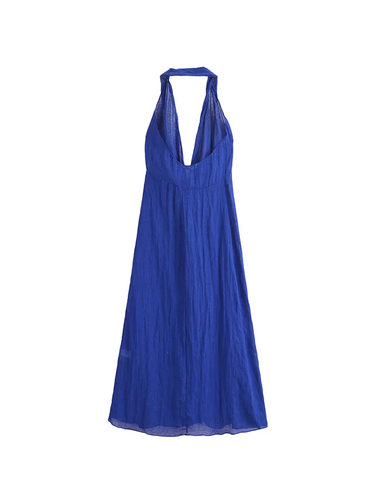 Nlzgmsj 2025 Women Fashion Summer  Blue Sexy Linen Blended Halter Collar Backless Long Dresses Chic Female Vintage Evening Dress