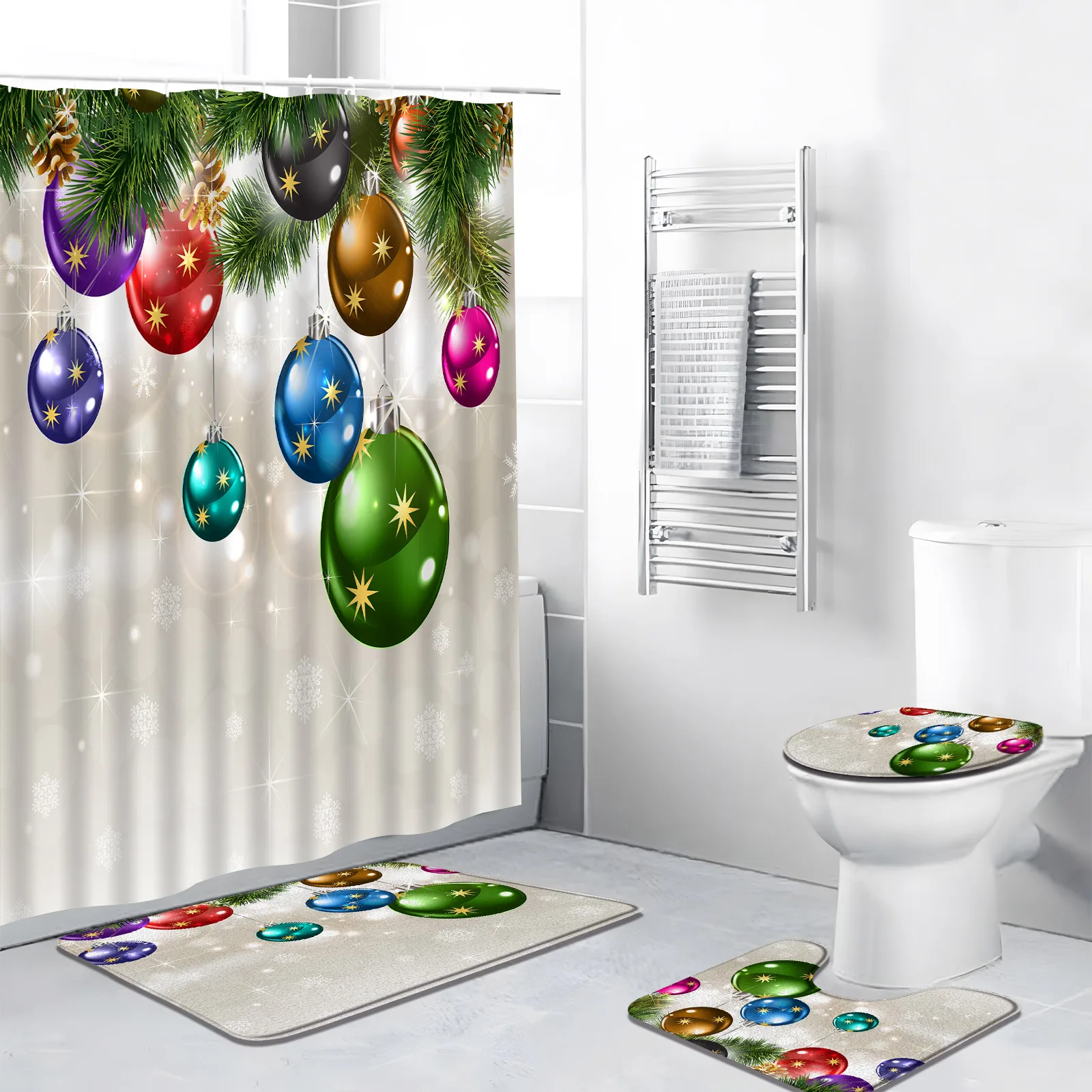 

4pcs Christmas Shower Curtains Set with Rug Cartoon Xmas Ball Green Pine Branches New Year Festive Theme Bathroom Decor Bath Mat