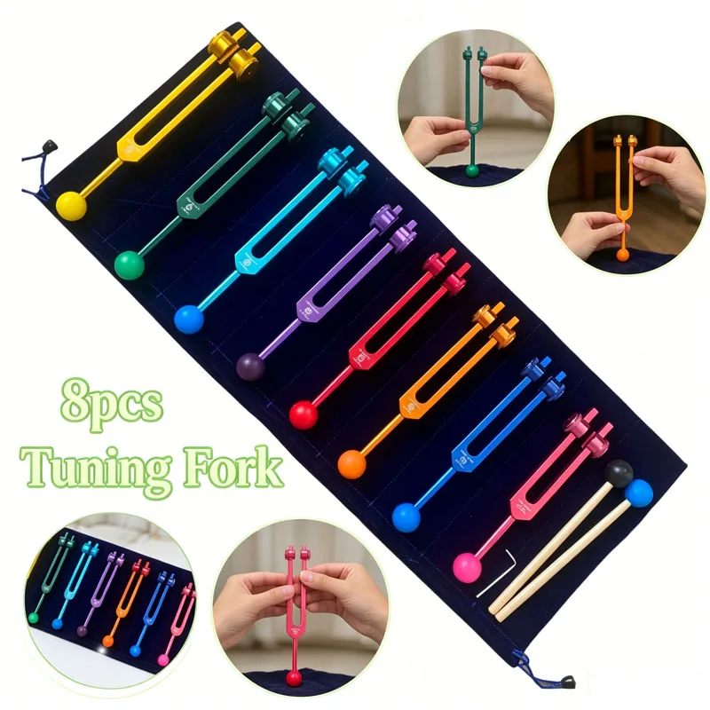 8pcs Aluminum Alloy Tuning Fork Kit Chakra Alignment Tuning Forks Long Resonance Sound Therapy Percussion Tool for Meditation