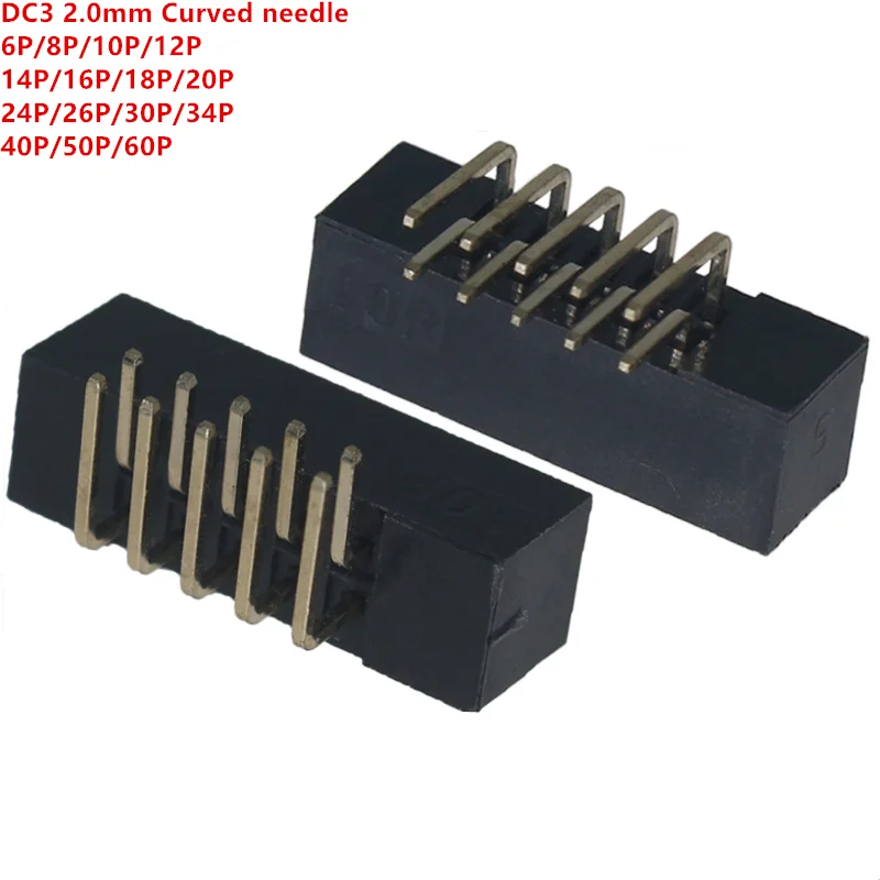 10Pcs IDC/JTAG Pitch 2.0mm DC3 Male Pin PCB Connector 6P/8/10/12/14/16/20/26/30/40/50/60P Curved Needle Socket Box Header