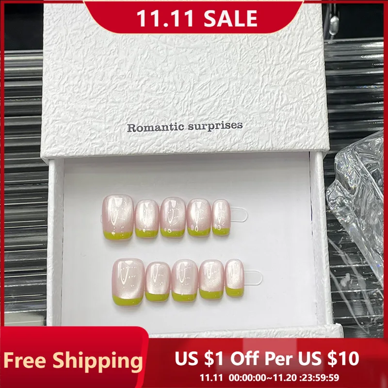 

10pcs French Short Square Shape Press on Nails Kit Sparkling Cat Eye Paired with White French Tips for Women and Girls Wearing