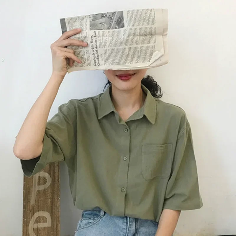 

Casual Solid Short Sleeve T-shirts Loose Retro Harajuku Basic Tops New Korean Fashion Chic Preppy Style Summer Clothes for Women