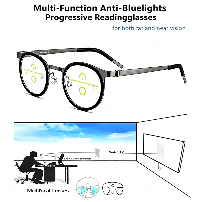 Lunettes de lecture progressives rondes vintage anti-lumière bleue UV400, multifocales, sans vis, légères, monture en titane et acétate 0A+100--- +3.50