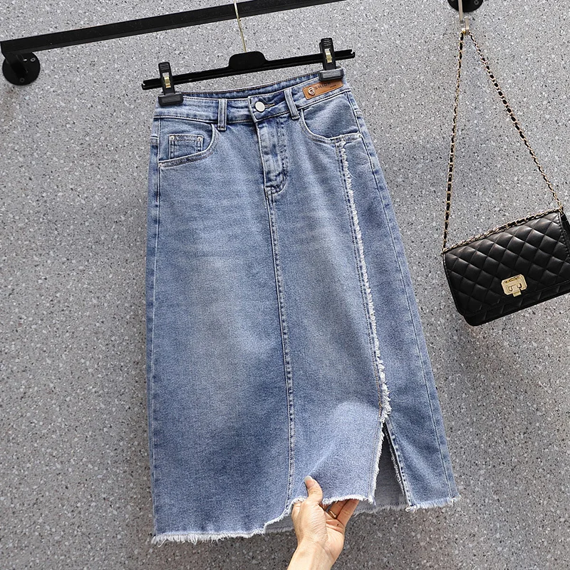 

High Waist A-Line Denim Skirt Mid-Length Thin Summer Women's plus Size Clothing Design Split Casual Sle Pure Color