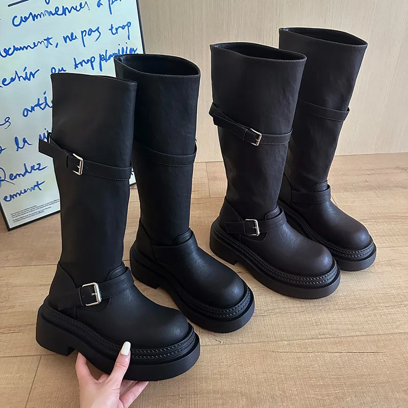 

Thick Bottom Boots Children below the Knee Frye Boot 2025 New Spring and Autumn Retro Belt Buckle Small High-Top Boots