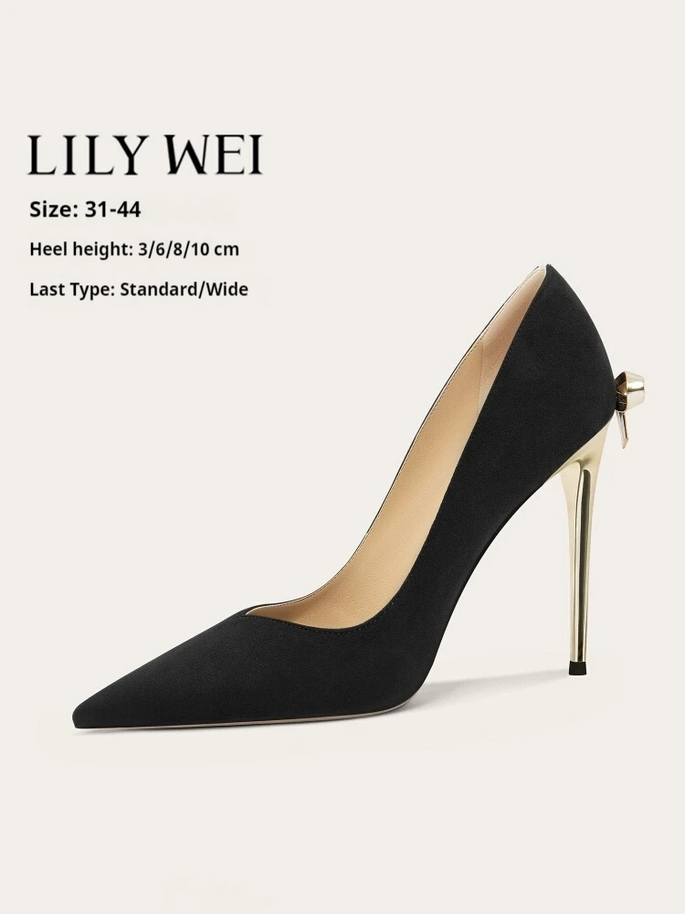 

Spring and autumn new suede pointed shallow bow single shoes slender high-heeled banquet dress large size small size women shoes