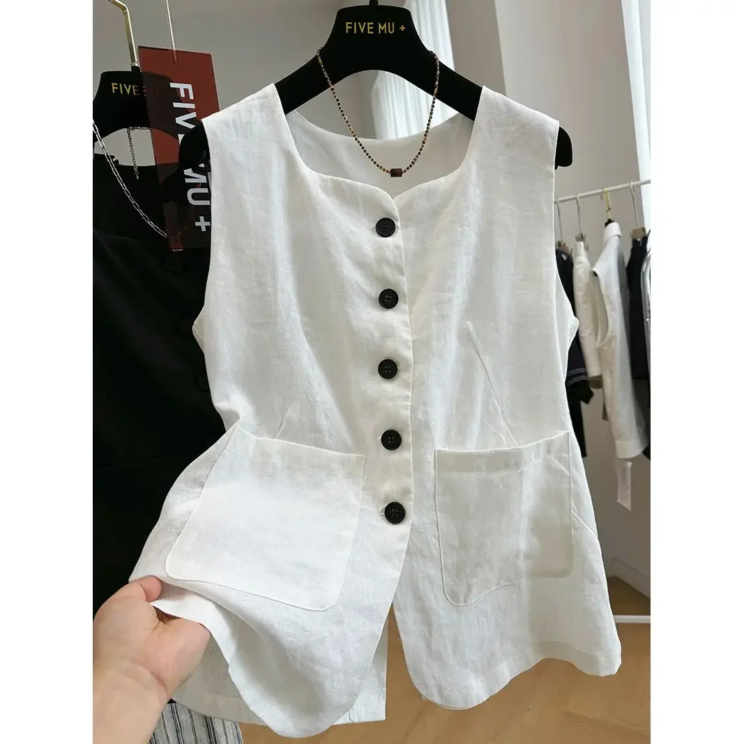 

2024 new high-end linen temperament slim fit suit vest women's summer thin sleeveless vest jacket top