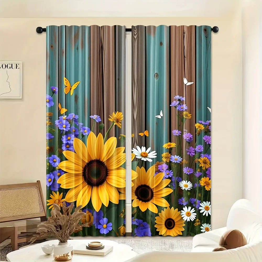 Waterproof Sunflower Floral Curtains for Living Room Decor Polyester Drapes Rustic Cottage Style Nature Garden Window Treatments