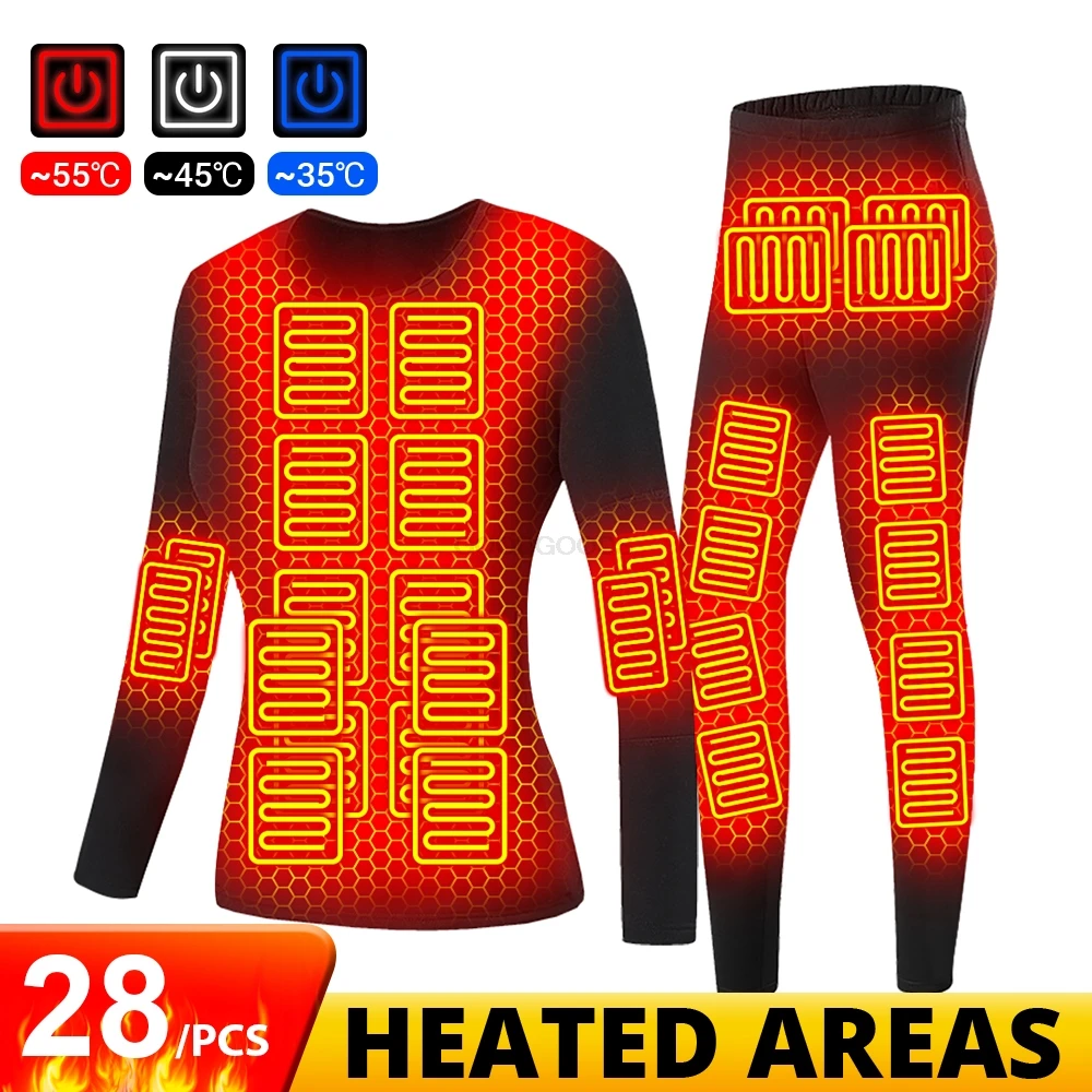 28 Areas Winter Electric Heated Underwear Set Motorcycle Jacket Self Heating Jacket Men Long Johns Tops Pants Women for Hiking