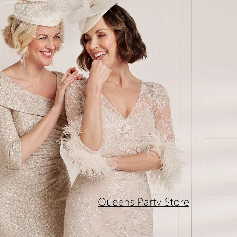 レースの花嫁の母ドレス 羽根飾り付き 半袖 カスタムメイド Vネック ティーレングス ウェディングゲストドレス パーティードレス