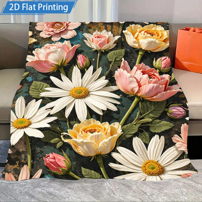 1pc Flannel Blanket Floral Printed Fleece Blanket Soft Cozy Rose Daisy Design for Couch Bed Room Decor 2D Flat Printing