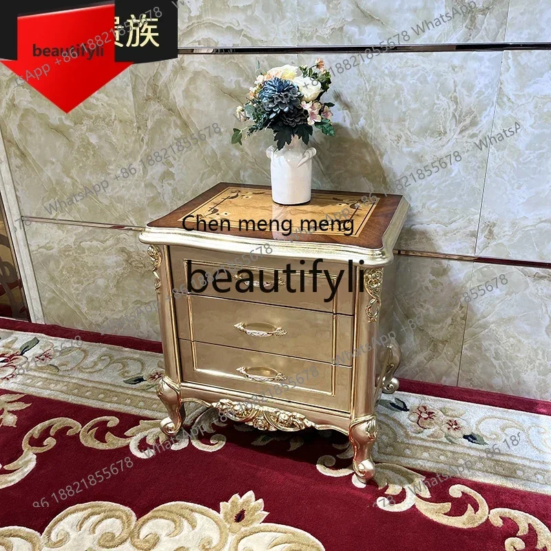 B32 French solid wood bedside table, European luxury carved neoclassical bedroom bedside table, three-drawer locker