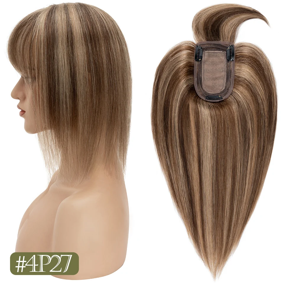 TESS Damen-Topper, 7 x 12,5 cm, Haaraufsätze mit Pony, Naturhaar-Perücke, Echthaar, Seidenbasis, Mittelteil, Haarspange in der Haarverlängerung – Detail 11